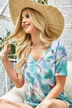 BiBi Tie Dye Womens T-shirt Terry V Neck Pastel Green Top Short Sleeve 76b9e99efafc4dc8b8cd0f373ca1976c-Max-Origin Trendsi