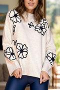 Sweater Flower Mock Neck Long Sleeve Knitwear Cream 76be041b-8c71-4da1-b468-ae1dd6bea0e0-Max Trendsi