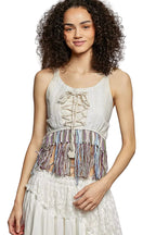POL Lace-Up Tank Top with Fringe Hem and Lace Trim Detail