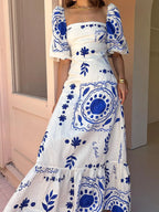 Maxi Dress Floral Square Neck Puff Short Sleeve with Ruffle Hem 76c6034d82764ad9a48fc2c7b2d409bc-Max-Origin Trendsi