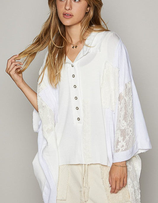 POL USA Knit Top White Crochet Patchwork Frayed Edge Half Button Long Sleeve