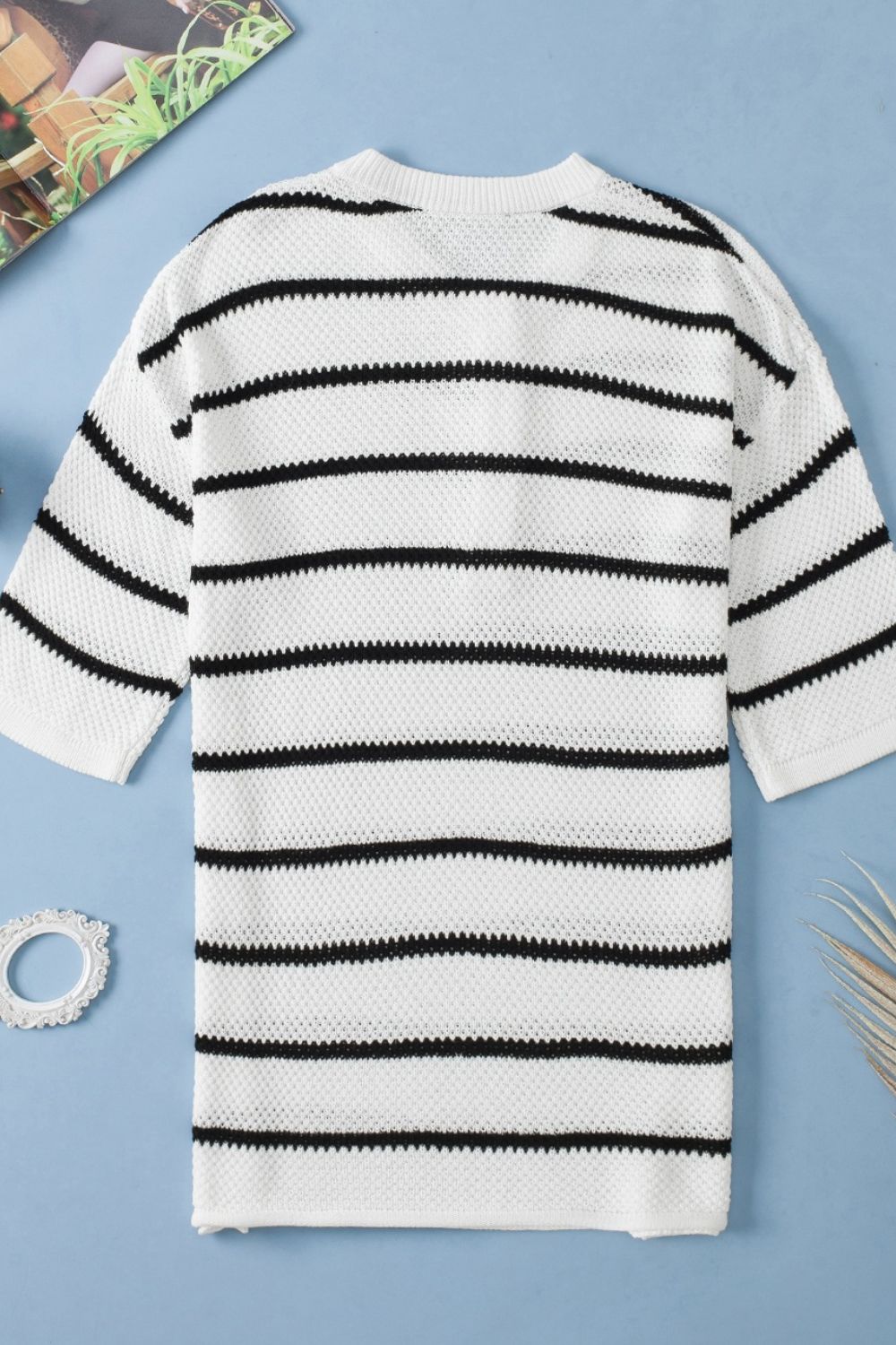 Stripe Knit Top Women's Collared Button Drop Shoulder Side Slit Long Sleeve 76d28efc-90ef-4b1b-a4f2-20de49722a3f-Max Trendsi