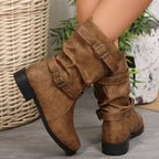 Women's Boots Mid-Calf Buckle Strap Pu Leather Low Heel Shoes 76d6622161024141b3886bc416077985-Max-Origin Trendsi