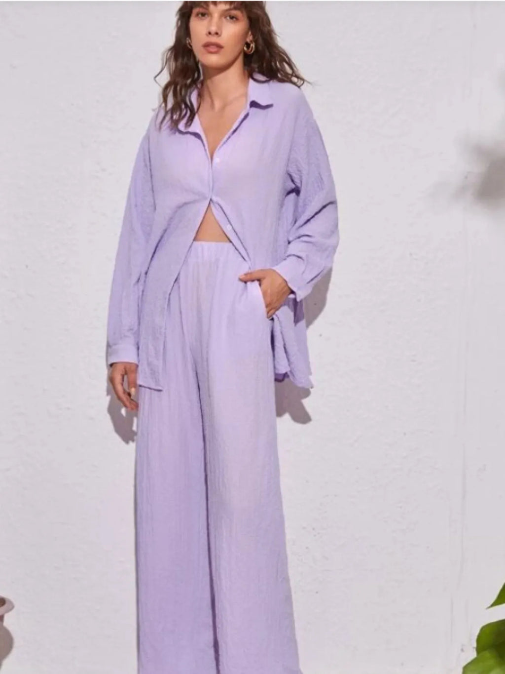 Women's Outfit Set Long Sleeve Shirt and Pants Set Pocketed Lightweight Two-piec Pink Purple 76d8691144a645a599b1984962280e31-Max-Origin Trendsi