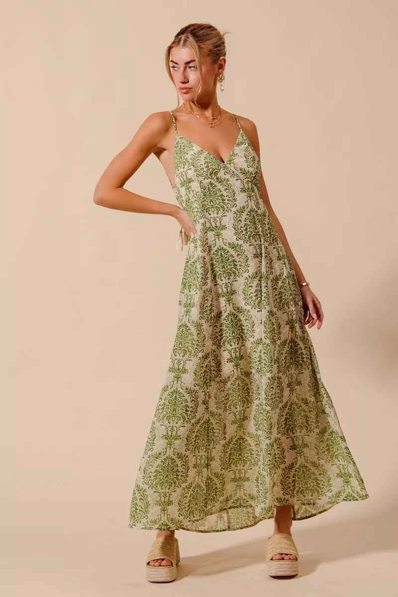 SO ME Floral Summer Maxi Flowy Dress sage Green Damask Backless Tied SAGE GREEN 76dc57896f3c413abd8c55fe9b91c9c9-Max-Origin Trendsi