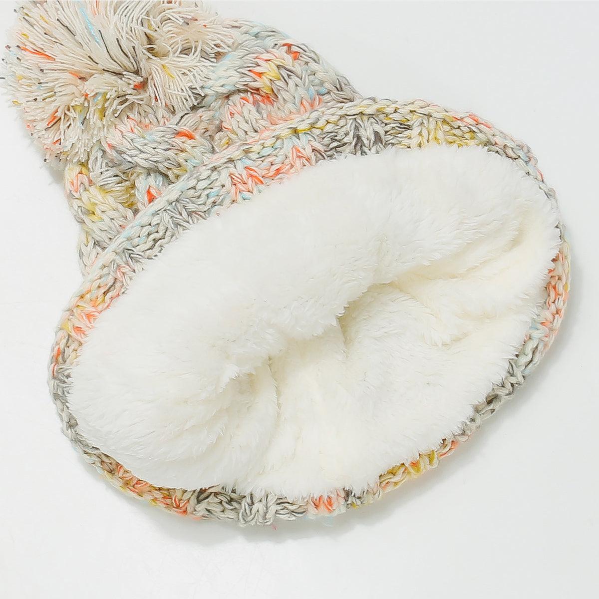 Contrast Cable-Knit Hat with Pompom Faux Fur Insulated