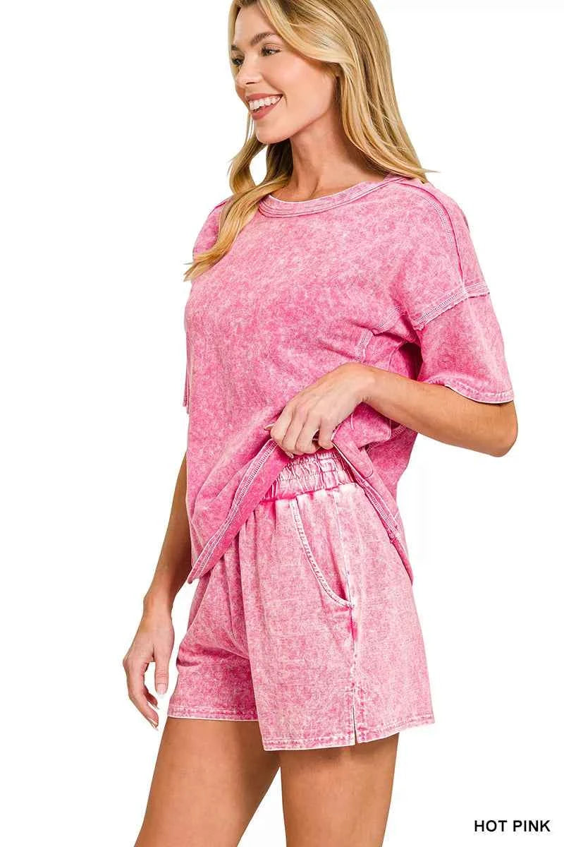 Zenana Outfit Set Hot Pink Halo Snow Washed Short Sleeve Tee and Shorts 76eabaaa-595b-43cd-8f61-a4ffea423ece-Max-Origin Trendsi