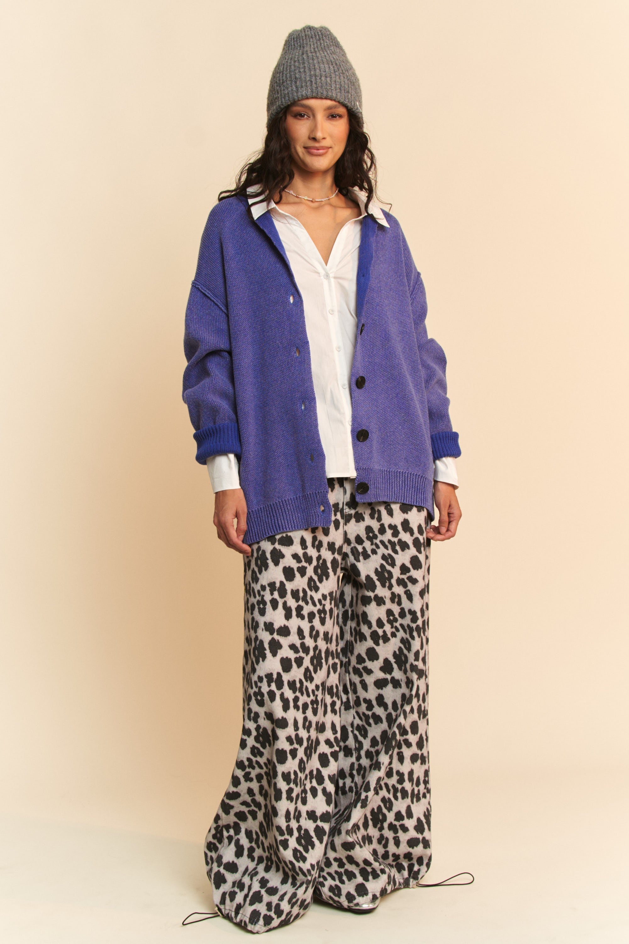 Davi & Dani Shawl Cardigan Cotton Ribbed Knit Detail Azure Button Up 76ec2563-babb-4356-a076-7cc872d1727d-Max Trendsi