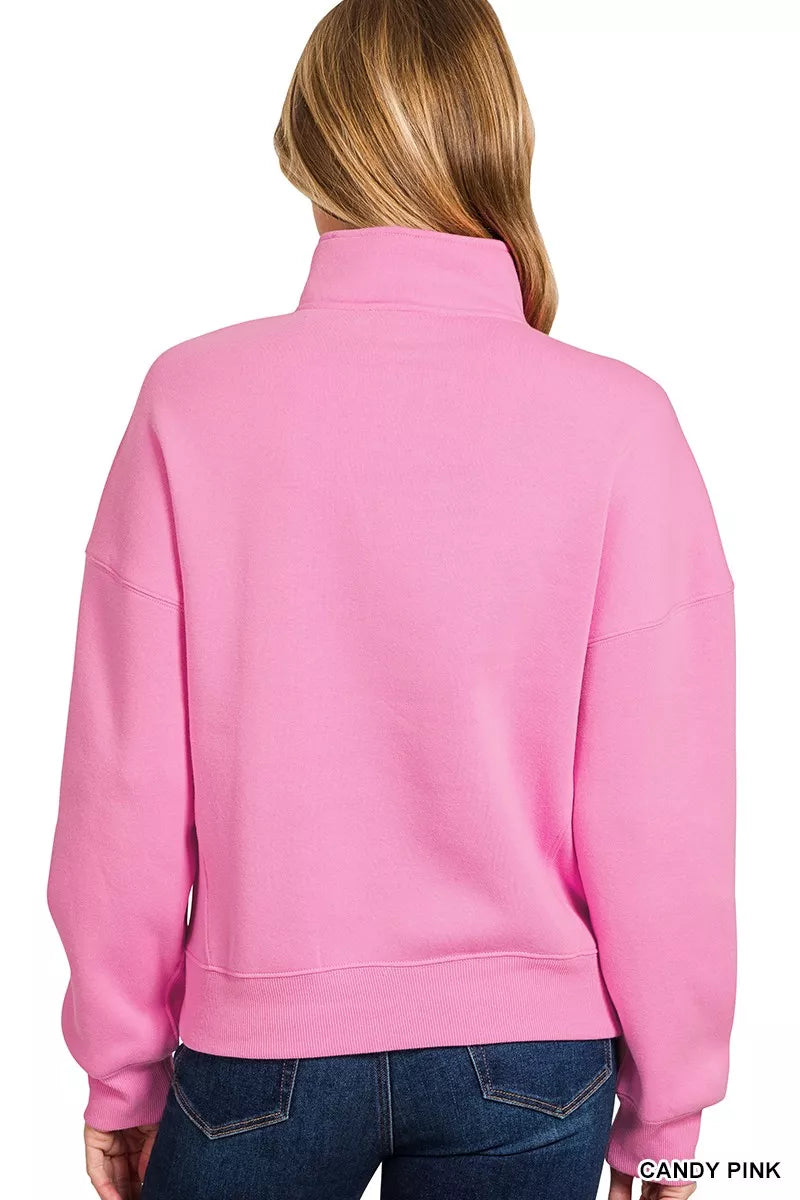 Zenana Women's Sweatshirt Cotton Fleece High Neck Half Zip Pink Top 76eeaaf455424b1d9e598f896bdc5dbc-Max-Origin Trendsi