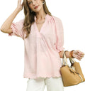 Umgee Textured Pintuck Blouse with Ruffle Collar and Puff Sleeves