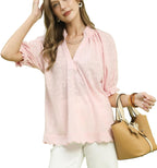 Umgee Textured Pintuck Blouse with Ruffle Collar and Puff Sleeves