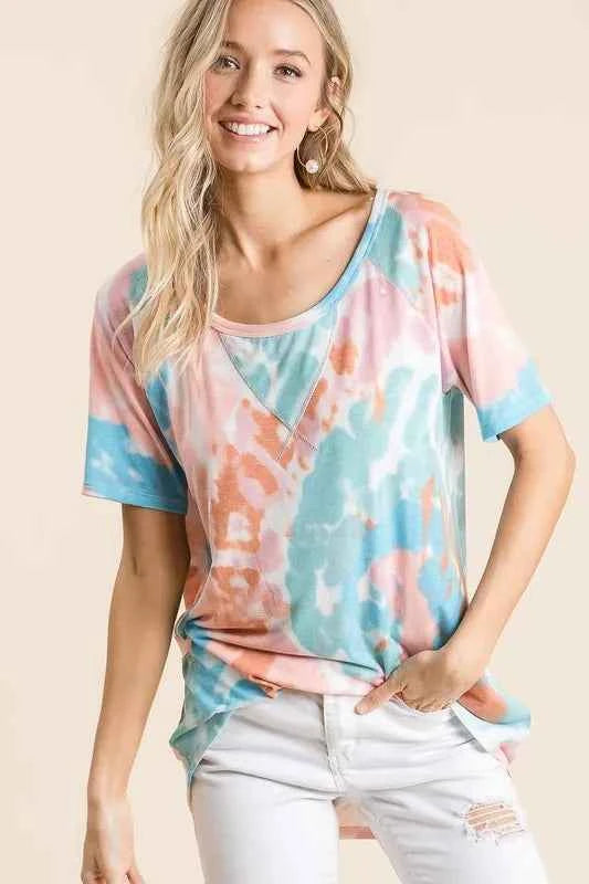 BiBi T-Shirt Tie Dye Print Pink Mint Multi Short Sleeve with Raglan Short Sleeves 770bc7fad64e4bb78b52f26be9d6c206-Max-Origin Trendsi