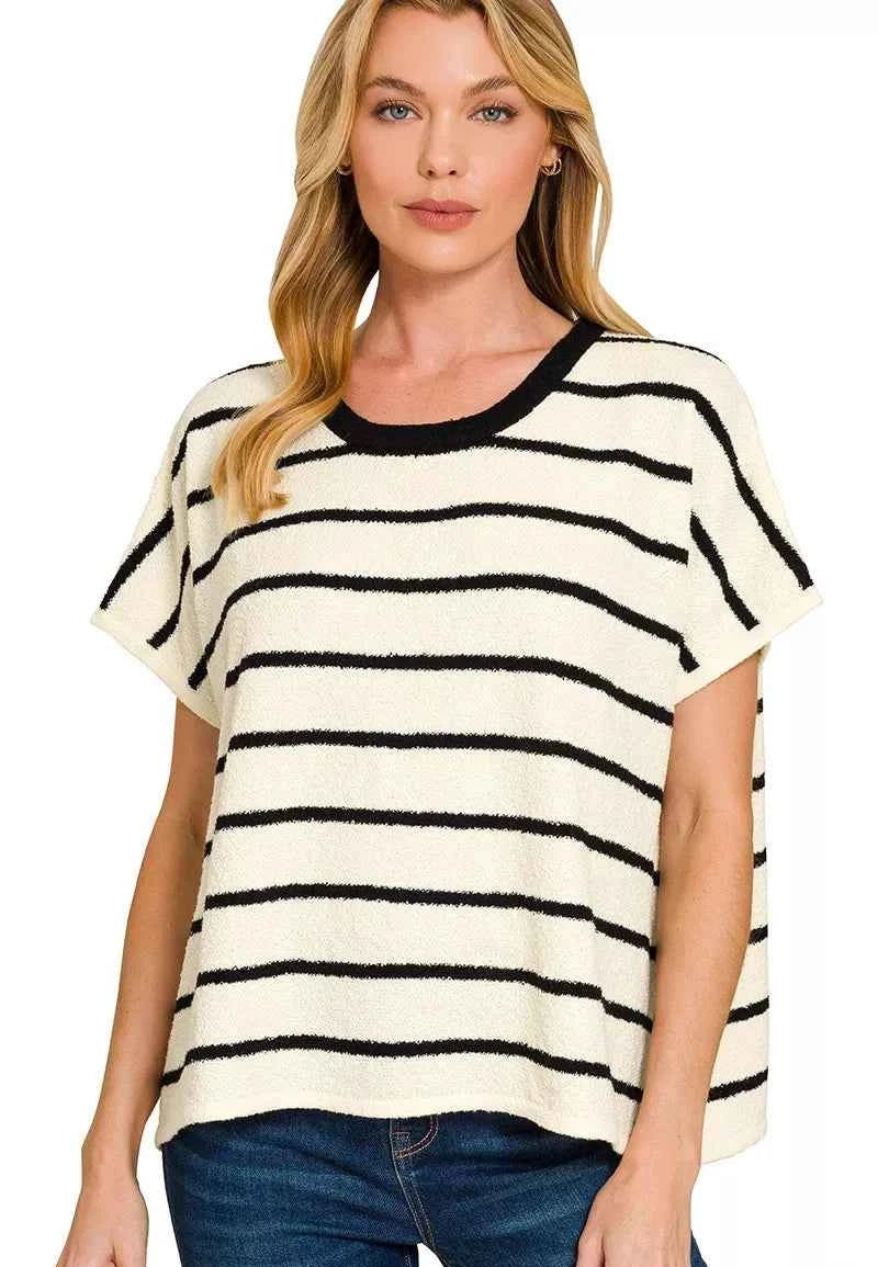 Zenana Sweater Top Black Striped Oversize Short Sleeve Blouse BLACK 77117a90f0cc4f158f007afe8a9dd0cf-Max-Origin Trendsi