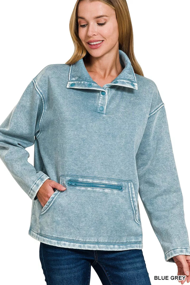 Zenana Women's Sweatshirt Fleece Blue Gray Washed High Neck Kangaroo Pocket 771b78c87d5040e2b285fcb3c29b612e-Max-Origin Trendsi