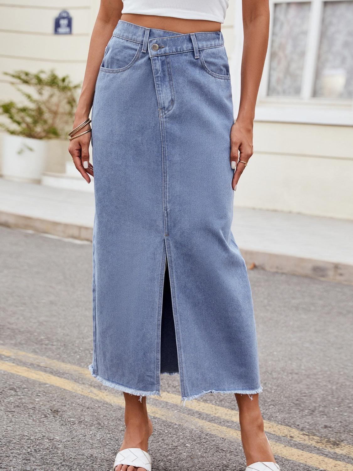 Denim Skirt Front Slit Asymmetrical High Waist Midi Jeans Skirts Light 771ee392-569c-43a0-9991-c8e7f20cc410-Max Trendsi