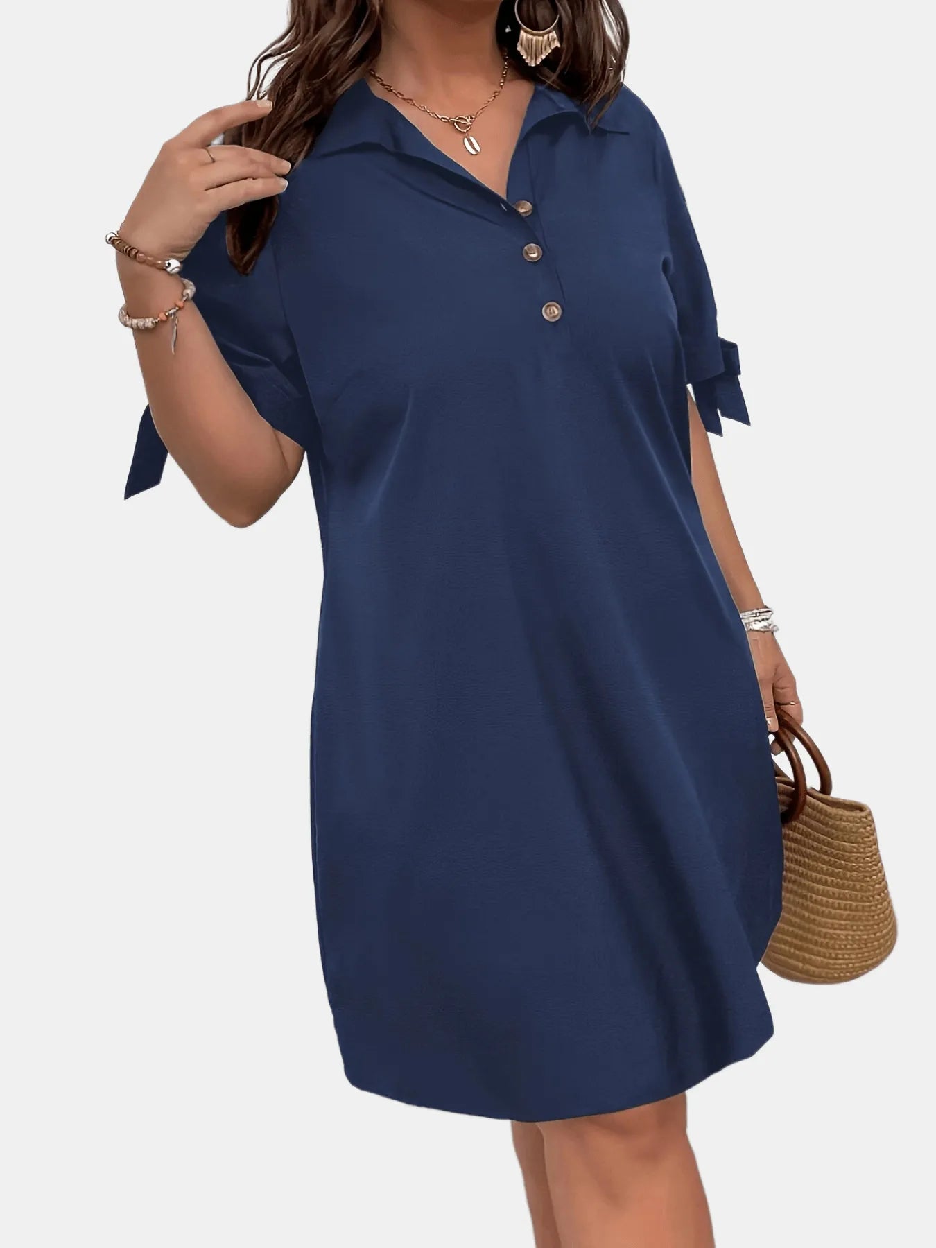 Navy Shift Dress Mini Button Detail with Tie Short Sleeves Navy Blue 7720d09675814663951b1798d9ab9eff-Max-Origin Trendsi