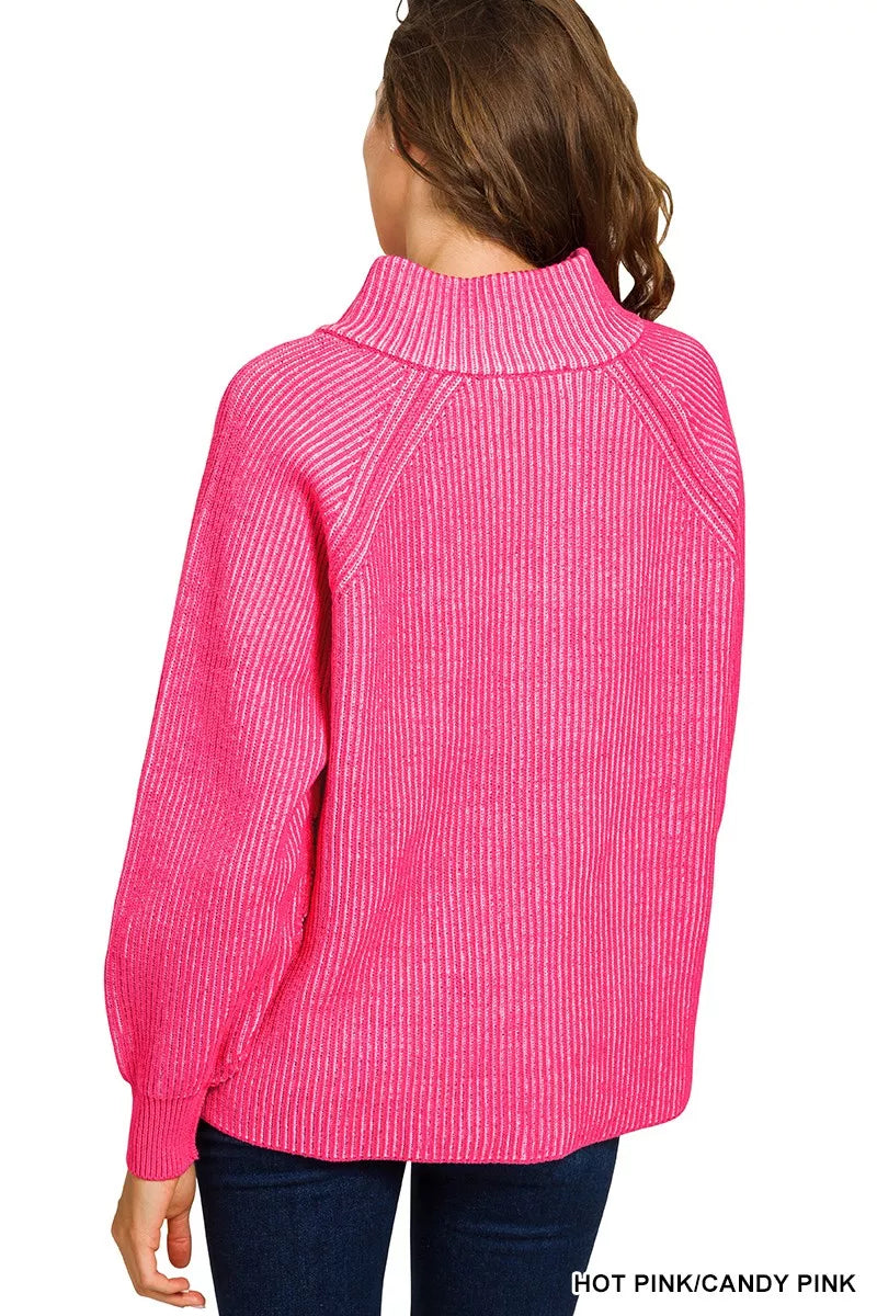 Zenana Womens Sweater Hot Pink Ribbed Two Tone Half Zip High Neck 7722ca0c0970466b8f6843934d342139-Max-Origin Trendsi