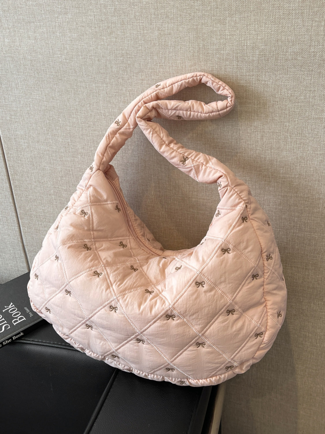 Large Shoulder Bag Bow Embroidered Soft Fabric Zipper Women Quilted Bags