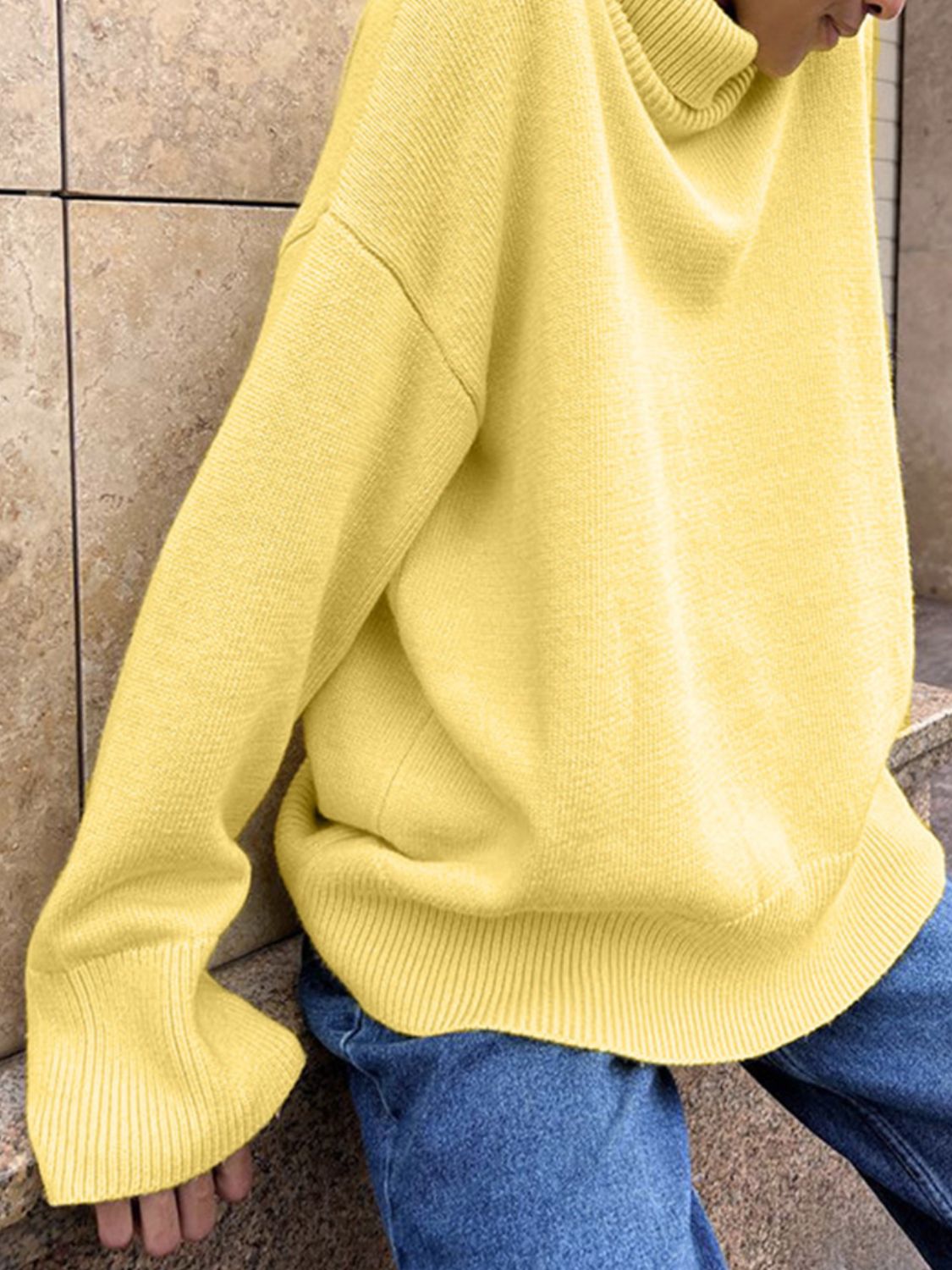 Turtleneck Women Sweater Basic Solid Oversized Long Sleeve Soft Knit Acrylic Canary Yellow One Size