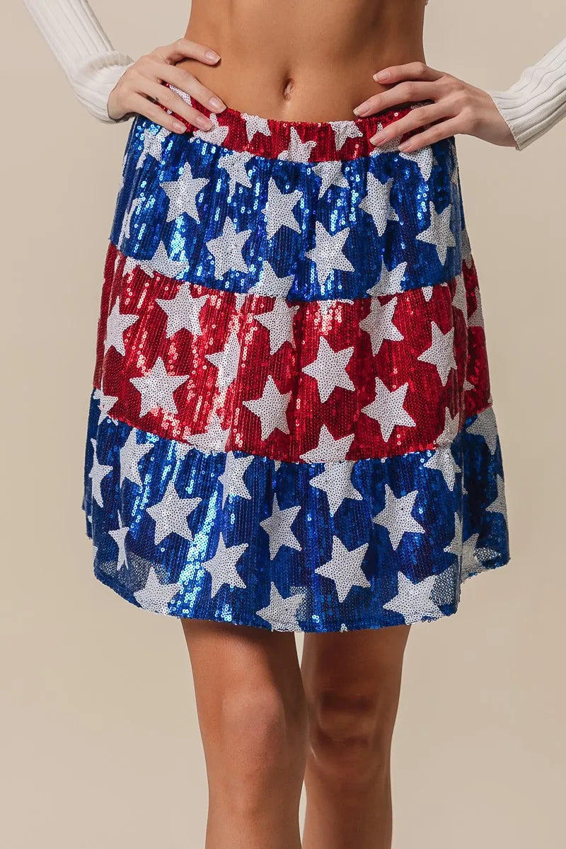 BiBi Sequin Skirt American Flag Theme Star Tiered Short Layered AMERICAN FLAG 7726f94a1da34ce290c36c6e8289078b-Max-Origin Trendsi