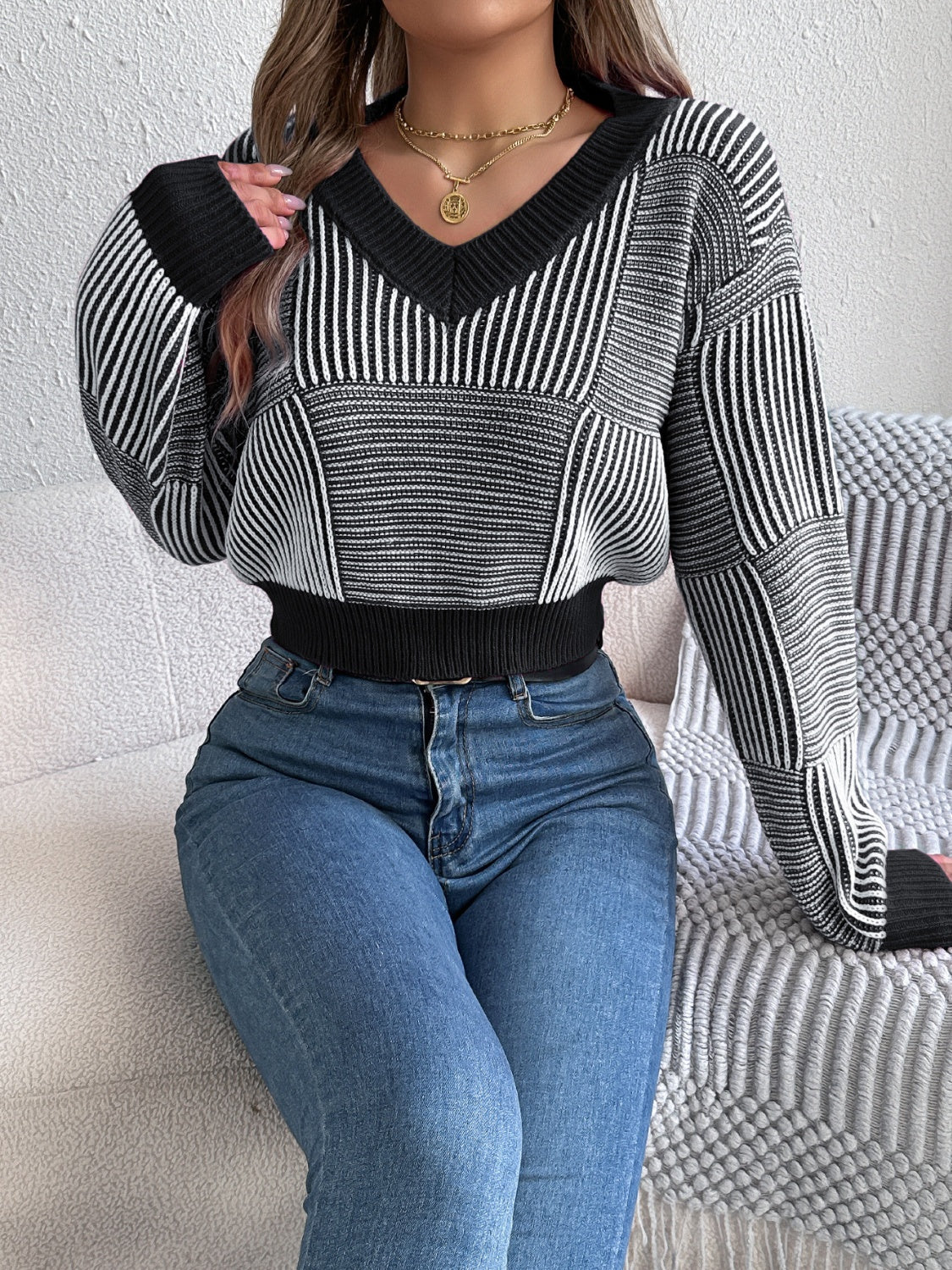 Striped Cropped Women Sweater V-Neck Long Sleeve Soft Knit Pullover