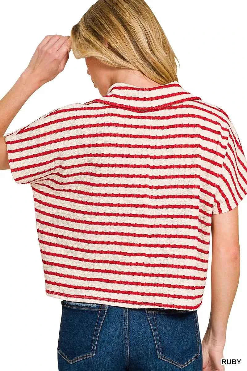 Zenana T-shirt Striped Ruby Red Split Neck Collared Top Short Sleeve 772a45fa034a44f7aa1fe4a92db8ec1a-Max-Origin Trendsi