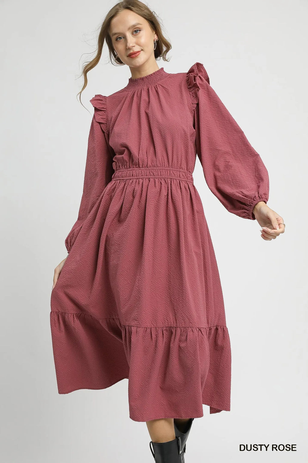 Umgee Midi Dress Dusty Rose Textured with Ruffle Shoulder Long Sleeve Smocked 772b1431-19e1-4923-a551-47f57c5b373f-Max-Origin_a20fc6c2-9845-4013-9d3e-8d07bc5e863a Trendsi