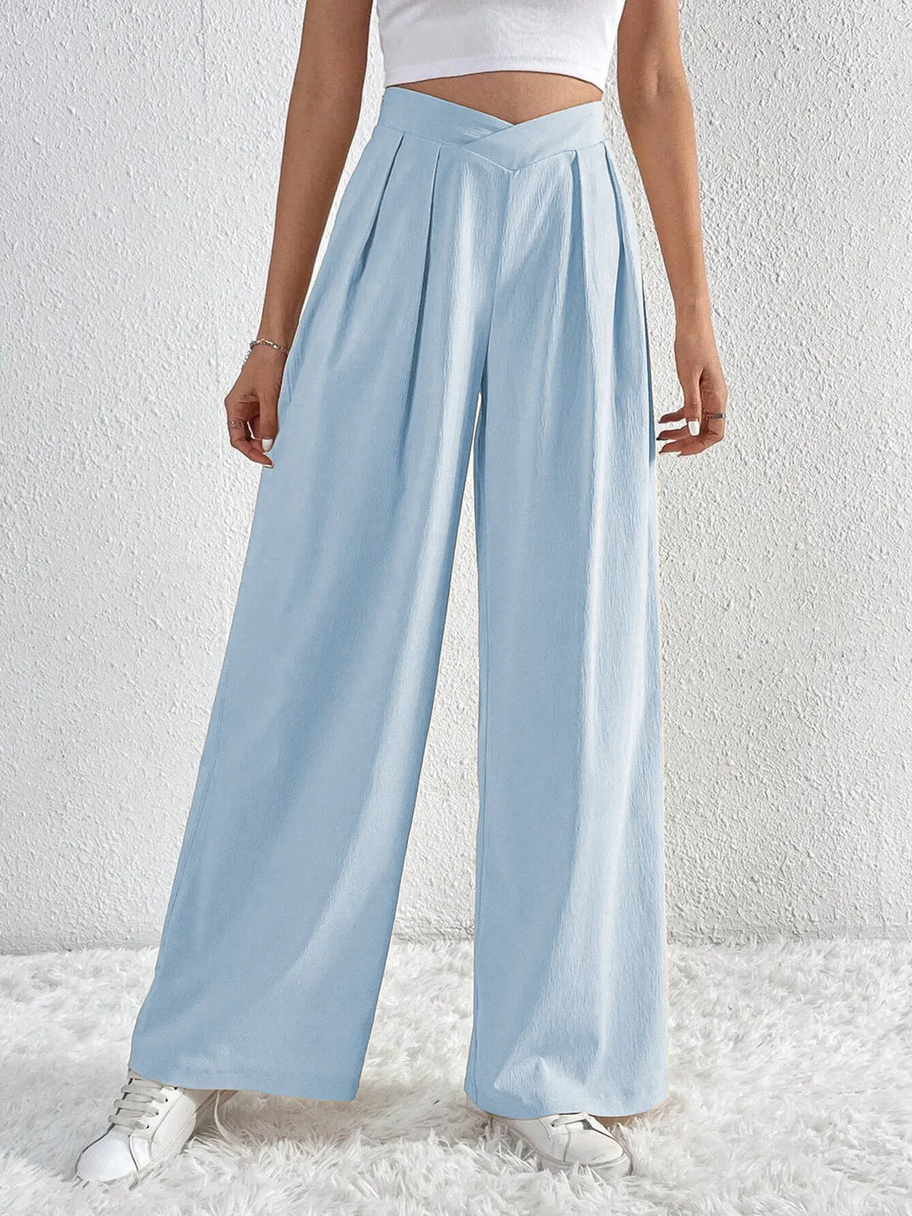 Women's Pants V-Waisted Ruched Front Wide Leg Trousers Pocketed Light Blue 772f2d76d36b4420b97a961e9df9b334-Max-Origin Trendsi