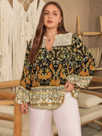 Plus Size Floral Print Notched Collar Button-Up Blouse