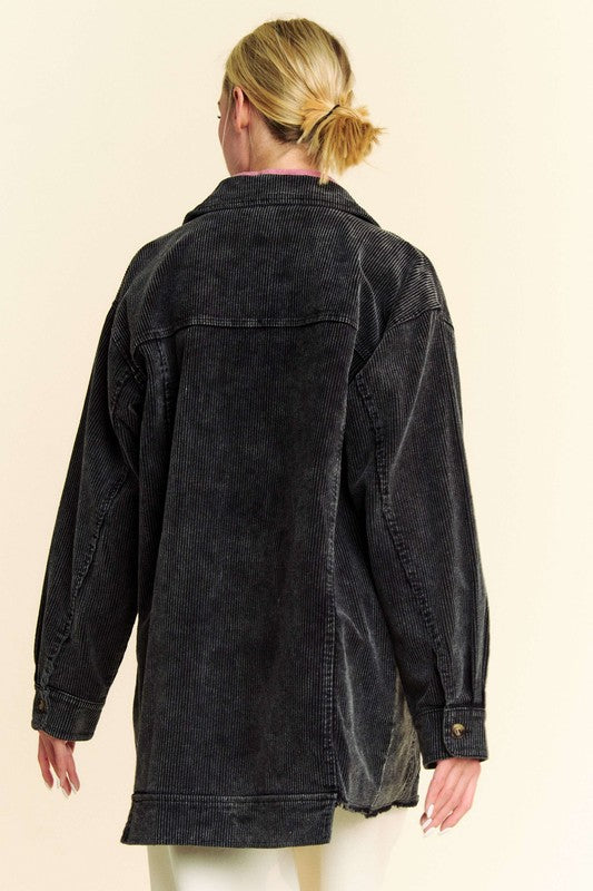 Davi & Dani Corduroy Jacket Black Washed Raw Hem Button Up Long Sleeve