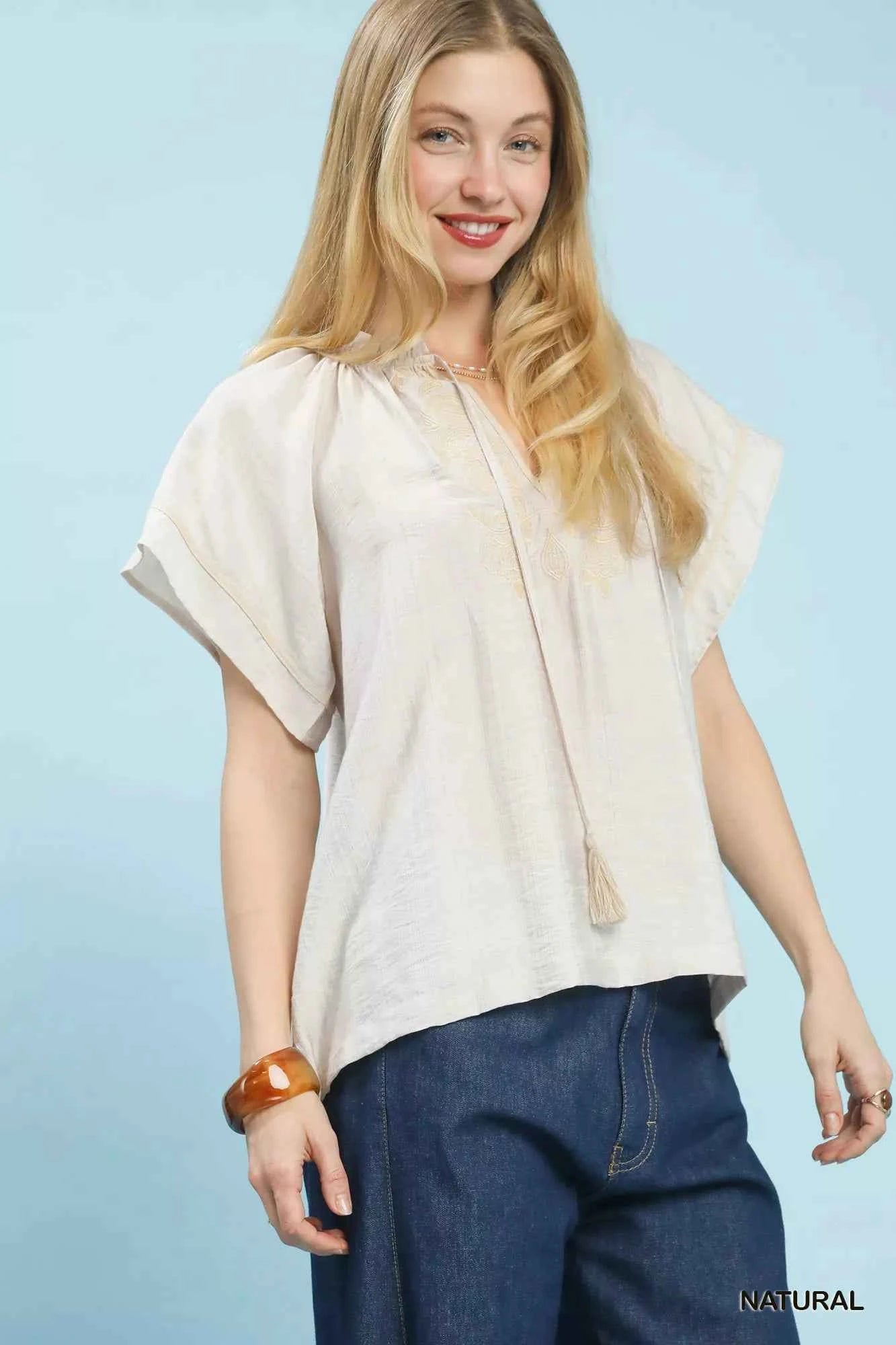 Umgee Embroidered Boho Blouse with Tassel Tie