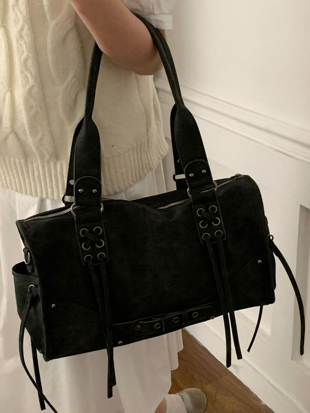 Lace-Up Shoulder Bag, Medium Size, Made of PU Leather
