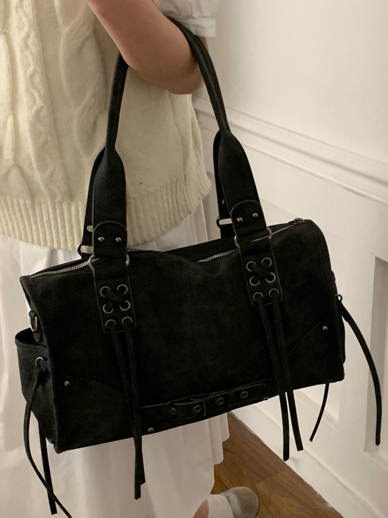 Lace-Up Shoulder Bag, Medium Size, Made of PU Leather