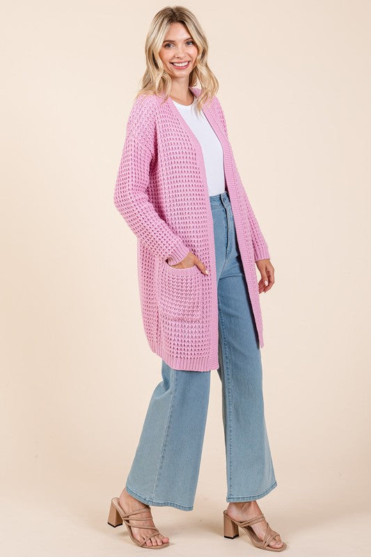 Mittoshop Pink Waffle-Knit Longline Cardigan with Pockets