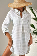 Mini Shirt Dress Striped Johnny Collar Long Sleeve Cotton Pocket Dresses 773e16f7-b061-407f-b40a-568b9afb2bea-Max Trendsi