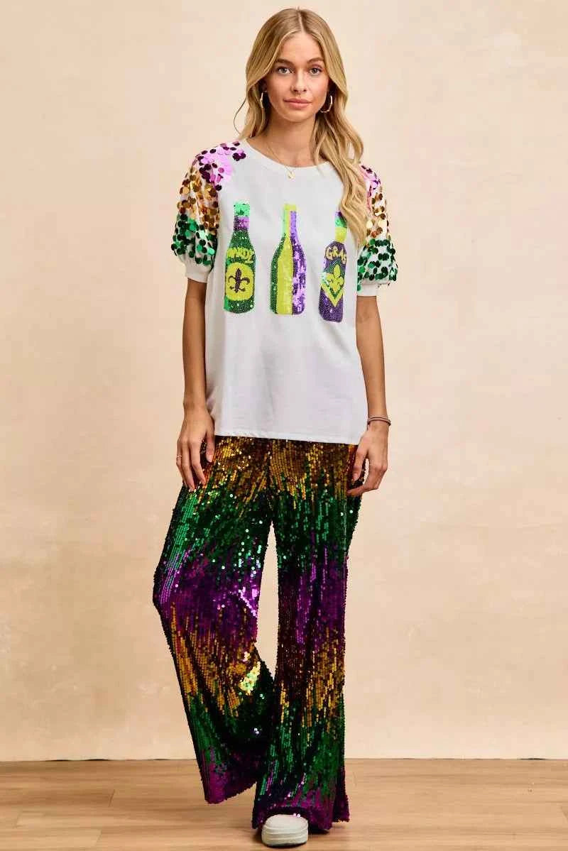BiBi Sequin Mardi Gras Bottles Spangled Sleeve Top
