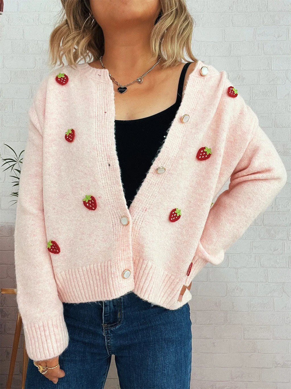 Women's Cardigan Strawberry Button Up Long Sleeve Soft Knit Pink One Size 7740e91855d94464b726d95c023f4b77-Max-Origin Trendsi