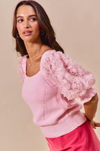 SO ME Rosette Sleeves Blouse Square Neck Sweater Knit Top Light Pink 774b08be-4a32-453a-b5f6-b03256013e0d-Max-Origin Trendsi