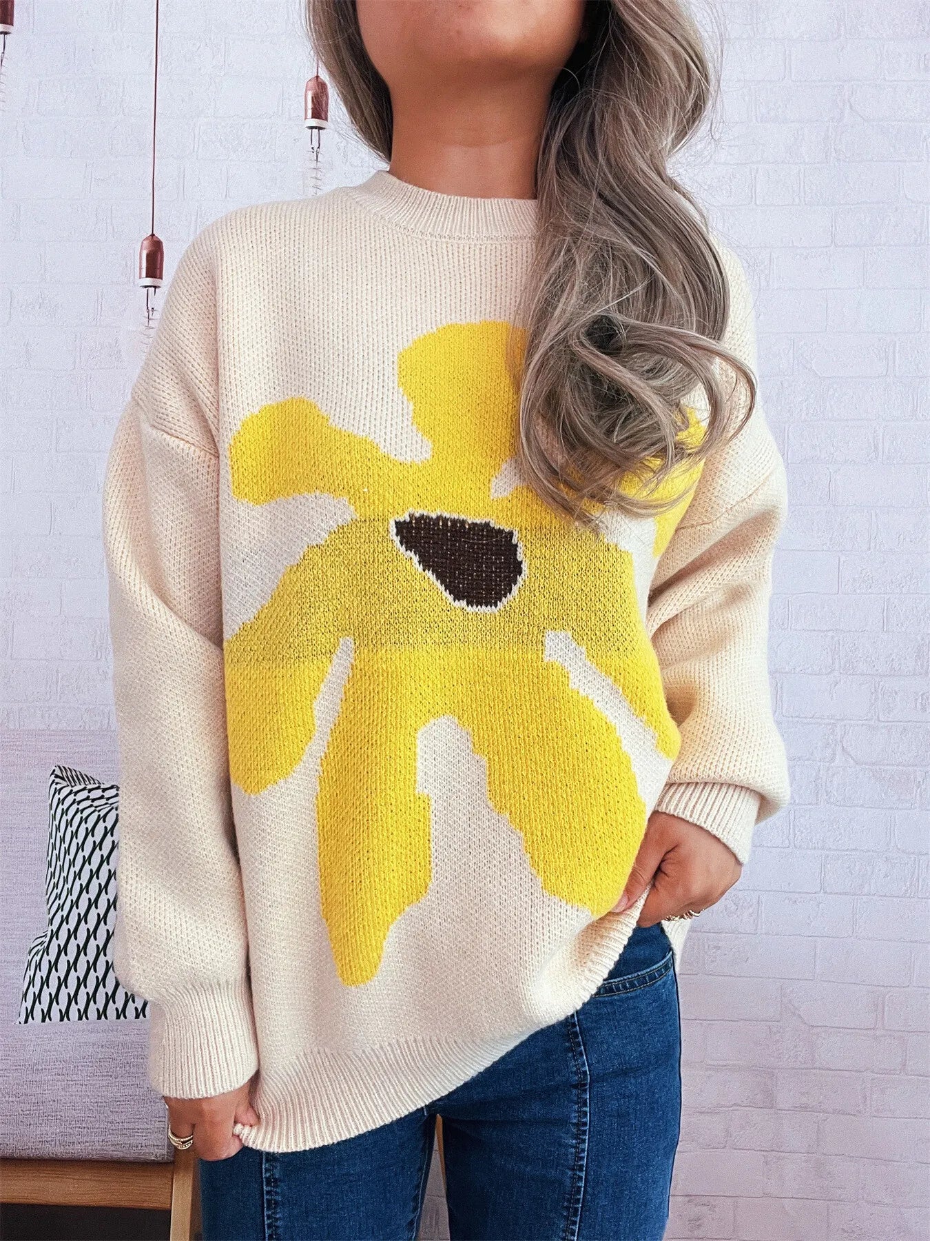 Women's Sweater Flower Dropped Shoulder Knit Long Sleeve Pullover Apricot One Size 774eff6ed6124dd69bbdc4e18ccc10a2-Max-Origin Trendsi