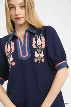 Umgee Blouse Navy Blue Embroidered Puff Sleeve Contrast Trim Top 77539faa-c451-4fe4-9641-7efd5975183c-Max-Origin Trendsi