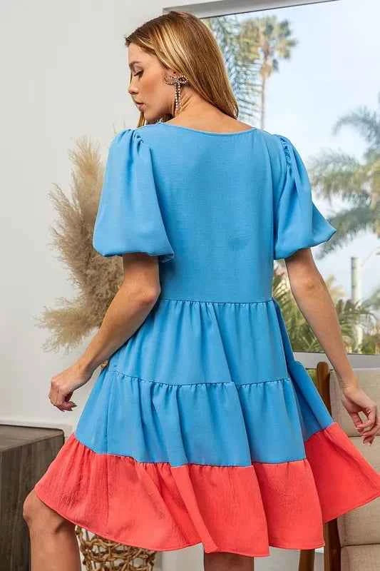 BiBi Two-Tone Balloon Sleeves U Neck Tiered Ruffle Hem Mini Dress