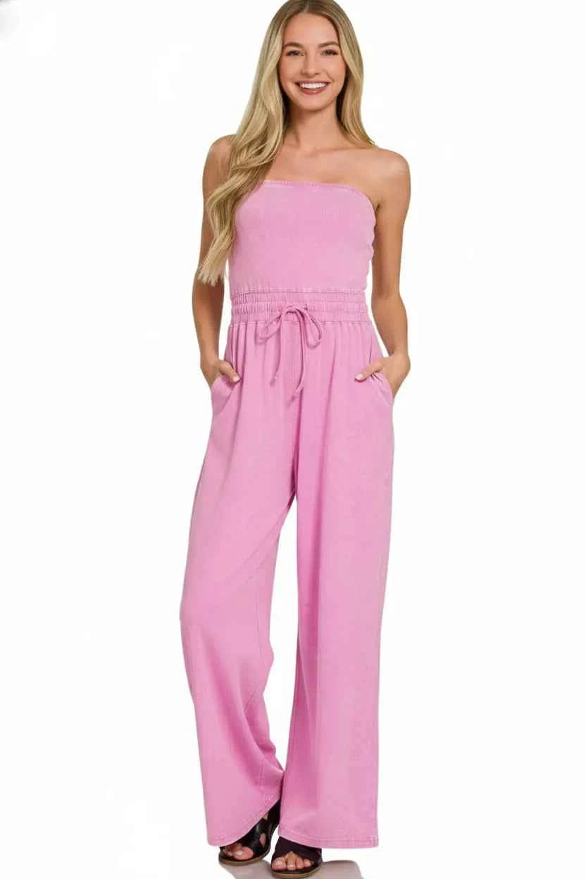 Zenana Acid Washed Strapless Tube Top Jumpsuit