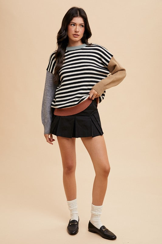 Annie Wear Striped Color Block Round Neck Sweater Long Sleeve 7762bf27-146e-47f5-87db-f6e6e308ba4d-Max Trendsi
