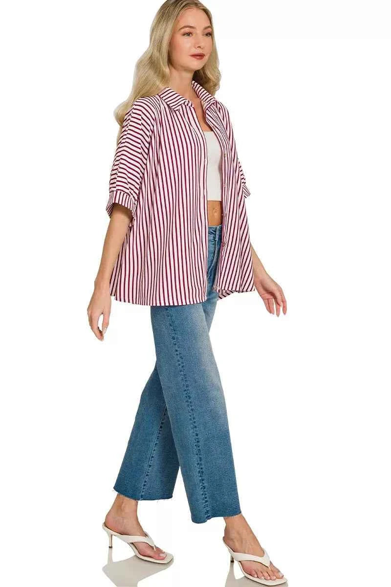 Zenana Oversized Stripe Button Down Shirt