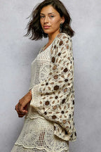 POL Crochet Knit Cardigan Gray Multi Open Front Floral Pattern 776ce6ee-81c7-4167-9a4a-9eb866984130-Max-Origin Trendsi