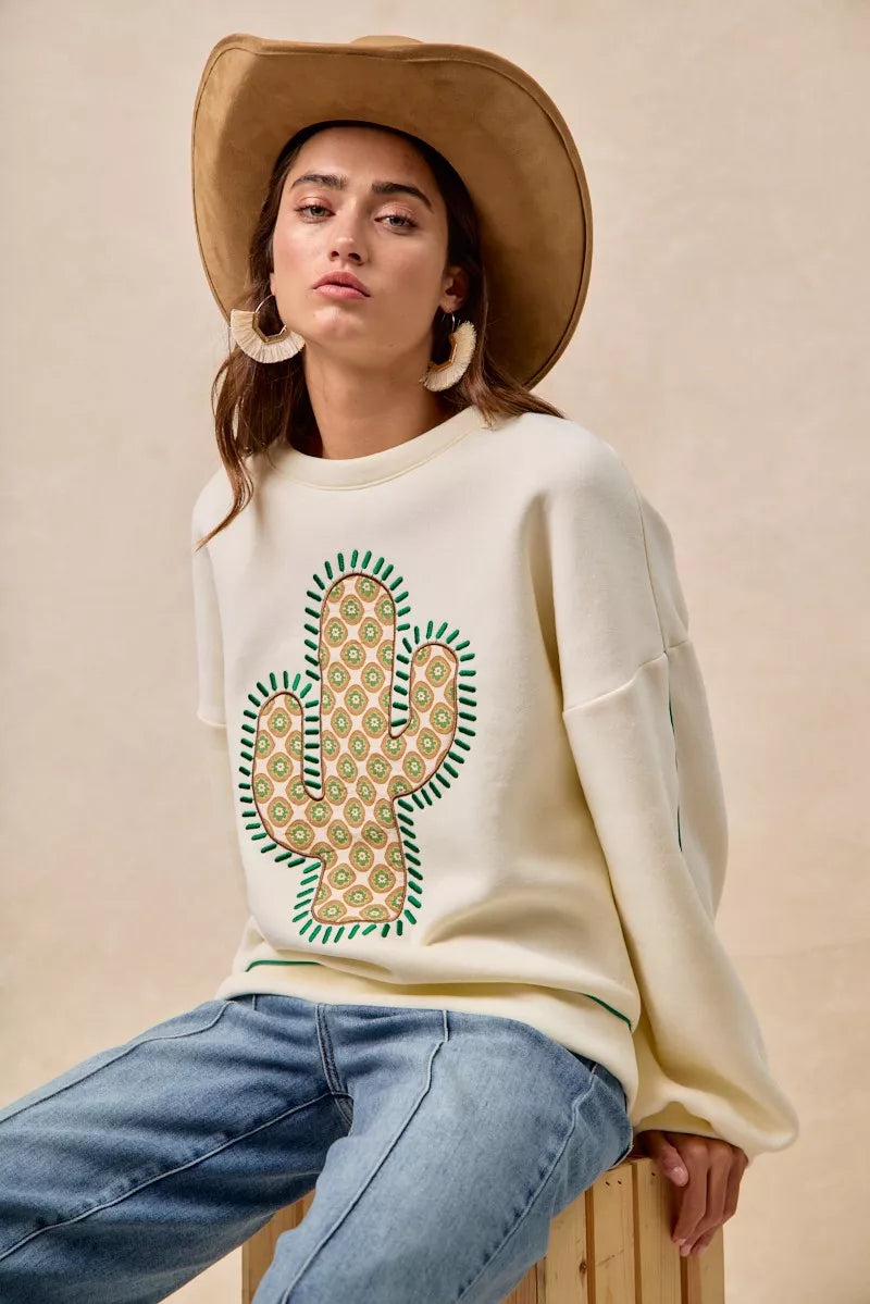 BiBi Womens Sweatshirt Cactus Embroidered Cream Fleece Pullover 777665d921d846e1baf20d5d6edf83d8-Max-Origin Trendsi