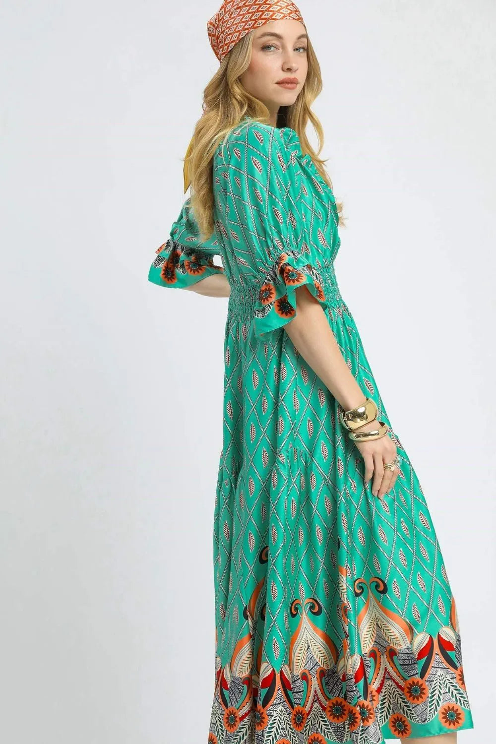 Umgee Midi Dress Turquoise Printed Smocked Waist Flounce Sleeve Ruffled 7787290f-80e2-4673-bce1-9ac9d940189b-Max-Origin Trendsi