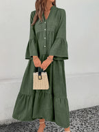 Button-Front Tiered Midi Dress with Cotton-Polyester Blend