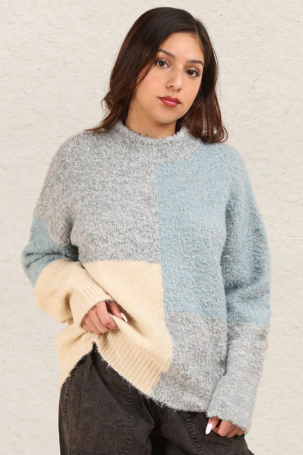 VERY J Sweater Woolen Blend Color Block Mock Neck Basic Style Grey