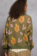 POL Womens Sweater Olive Floral Pattern Round Neck Balloon Sleeve 77a510e8-a535-46de-a158-f467008adc35-Max-Origin Trendsi
